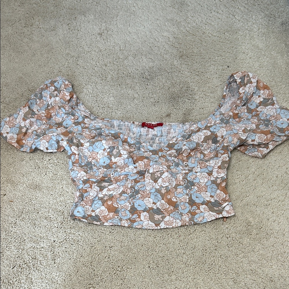 Guess Floral Puff Sleeve Crop Top - Blue, Brown, Cream